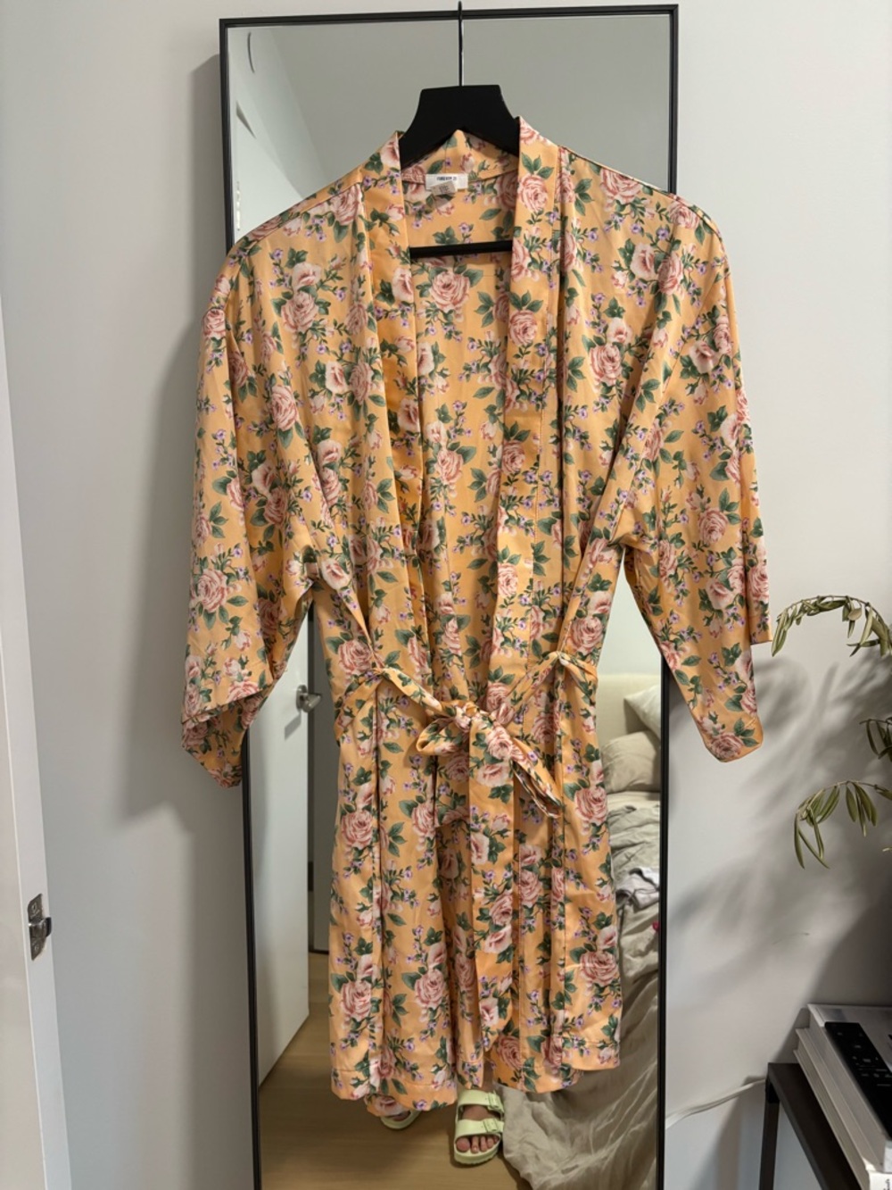 Forever 21 Light Orange Floral Satin Kimono Robe with Belt